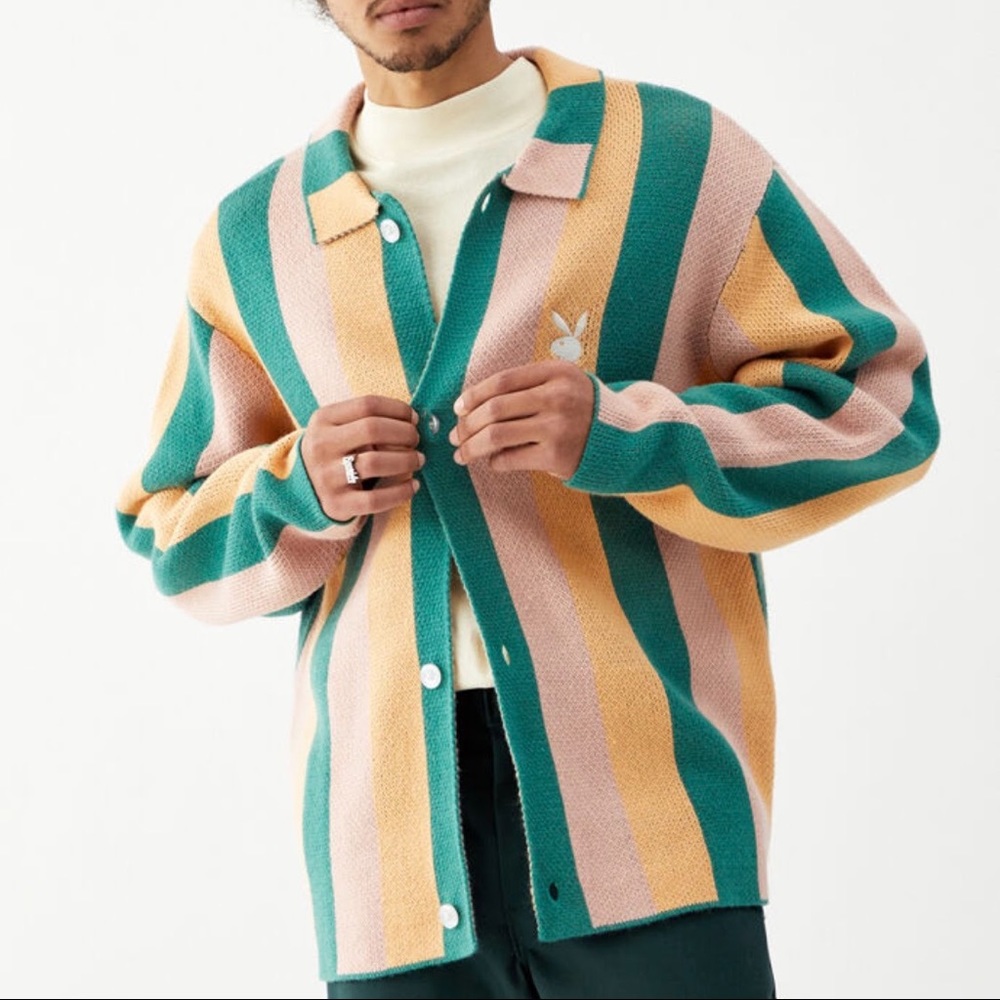Playboy Pastel Striped Collared Cardigan Sweater